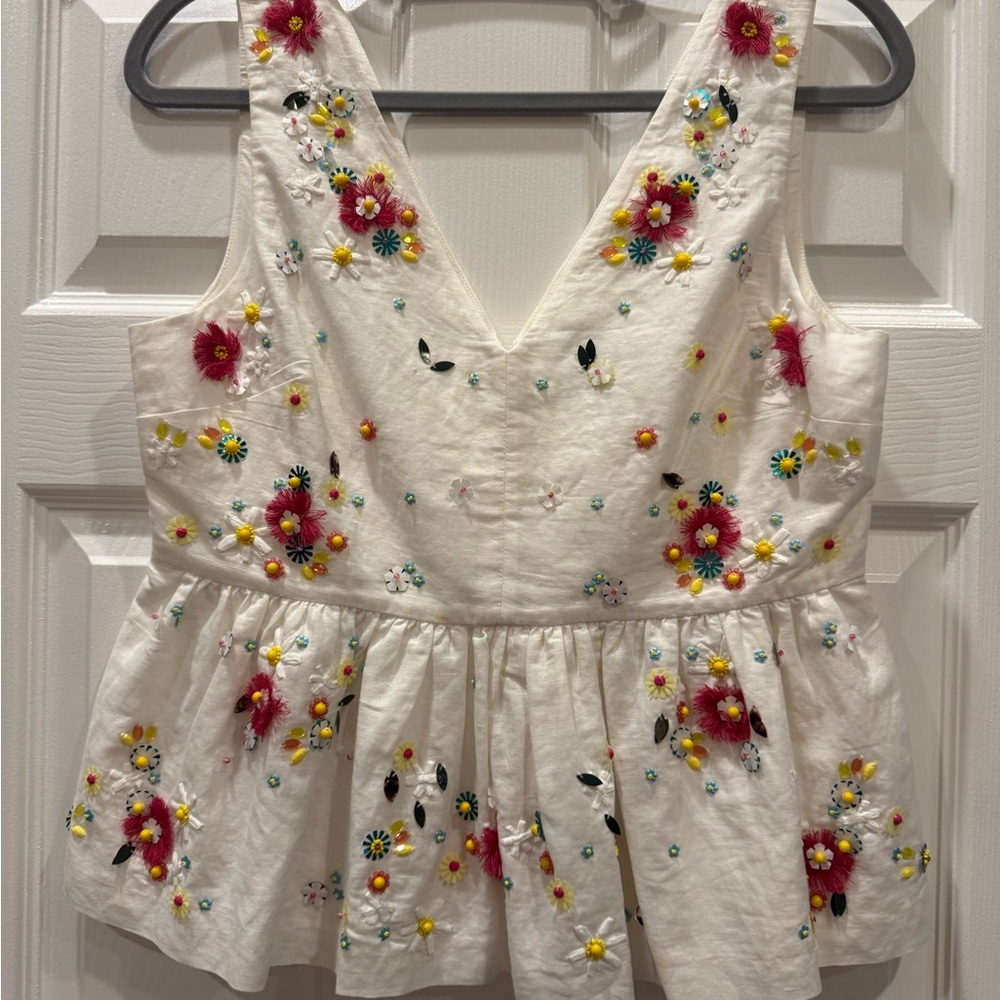 J. Crew White Embroidered Floral V-Neck Peplum Camisole